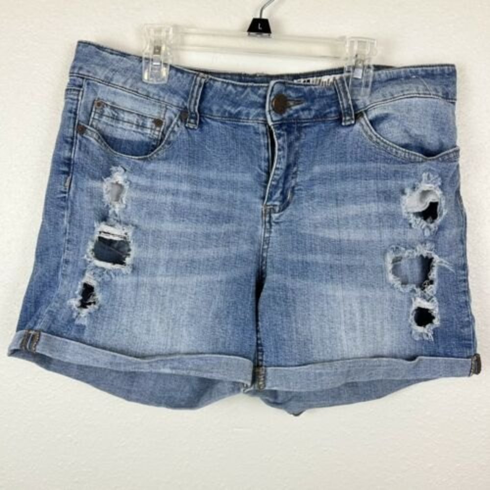 Jean Shorts Indigo Rein Cuffed Denim Blue Whiskered Stretch Size 13 Distressed